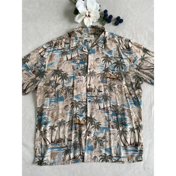 Island Shores Other - Island Shores Mens XL Hawaiian Shirt With Tropical Palm & Sailboat Print Y2K